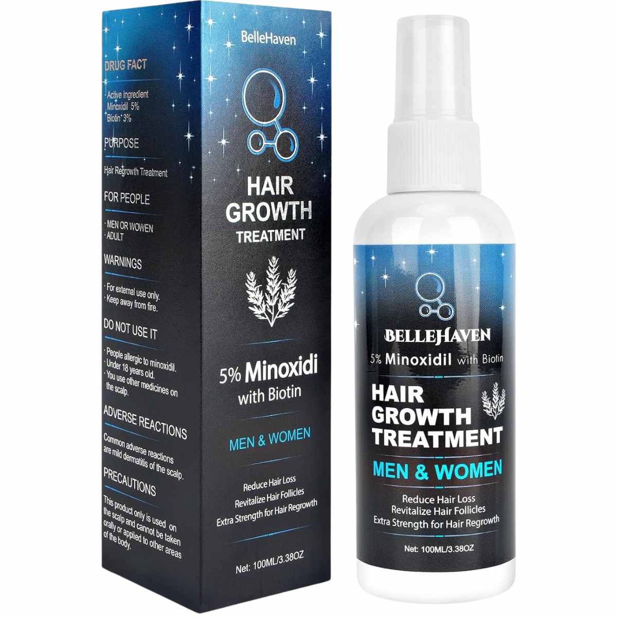 BelleHaven Spray 5% de Minoxidil para Hombres y Mujeres - 100 ML