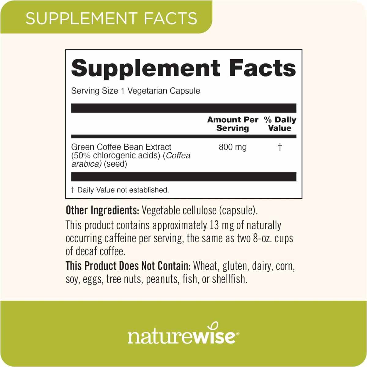 NatureWise Extracto de Grano de Café Verde 800 mg - 60 Cápsulas Vegetarianas - Tabla Nutricional - Haz Tu Pedido
