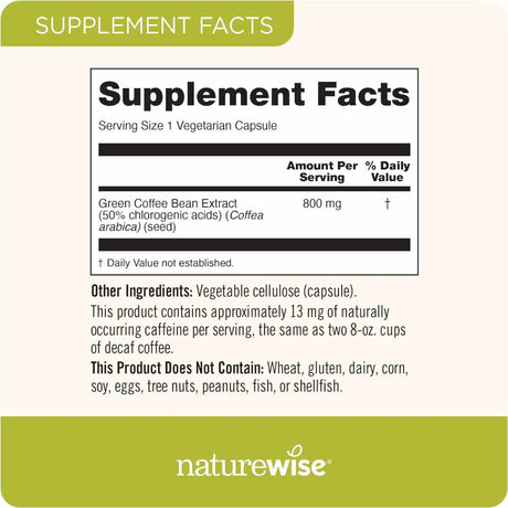 NatureWise Extracto de Grano de Café Verde 800 mg - 60 Cápsulas Vegetarianas - Tabla Nutricional - Haz Tu Pedido
