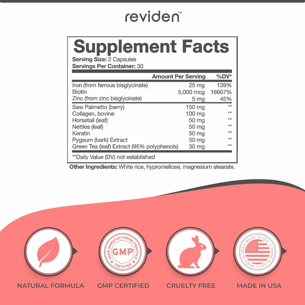 Reviden DHT para el Crecimiento del Cabello 5000 mcg - 60 Cápsulas - Tabla Nutricional - Haz Tu Pedido