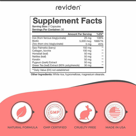 Reviden DHT para el Crecimiento del Cabello 5000 mcg - 60 Cápsulas - Tabla Nutricional - Haz Tu Pedido