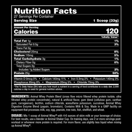 Animal Proteína de Suero de Leche Aislada 25 g - Sabor Vainilla - 4 polvo - Tabla Nutricional - Haz Tu Pedido