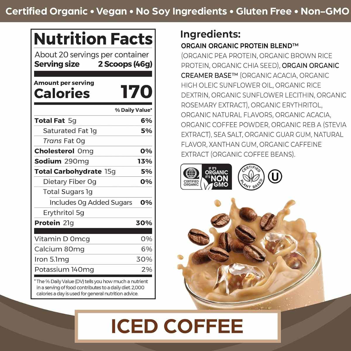 Orgain Proteína Orgánica 21 g - Sabor Café Helado - 920 Tabletas Orgánicas - Tabla Nutricional - Haz Tu Pedido
