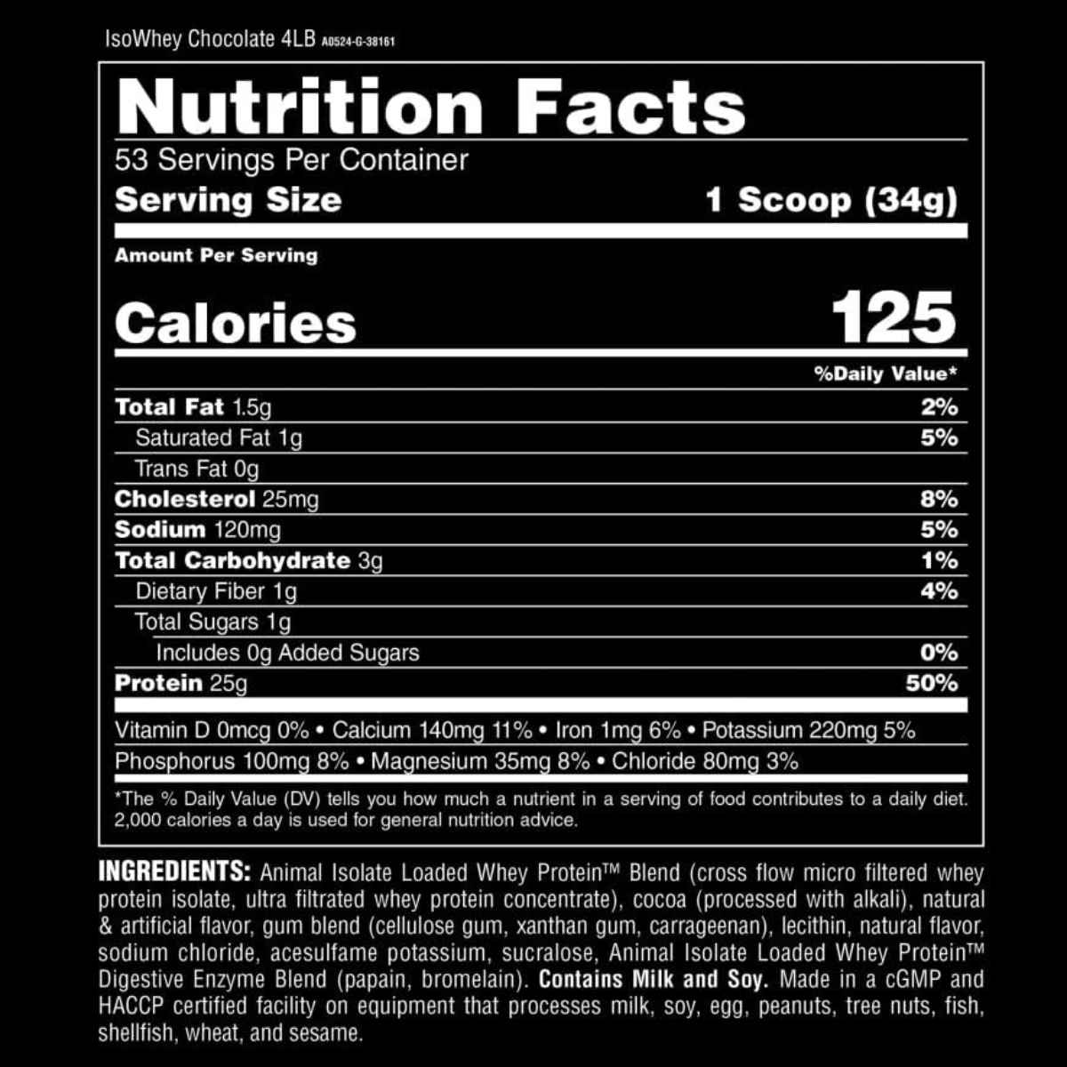 Animal Proteína de Suero de Leche Aislada 25 g - Sabor Chocolate - 4 polvo - Tabla Nutricional - Haz Tu Pedido