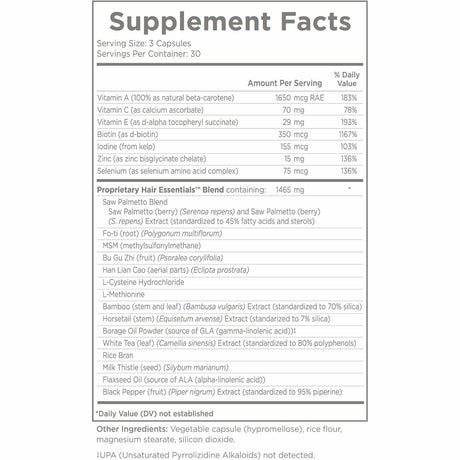 Natural Wellbeing Esenciales para el Cabello  - 90 Cápsulas Vegetarianas - Tabla Nutricional - Haz Tu Pedido