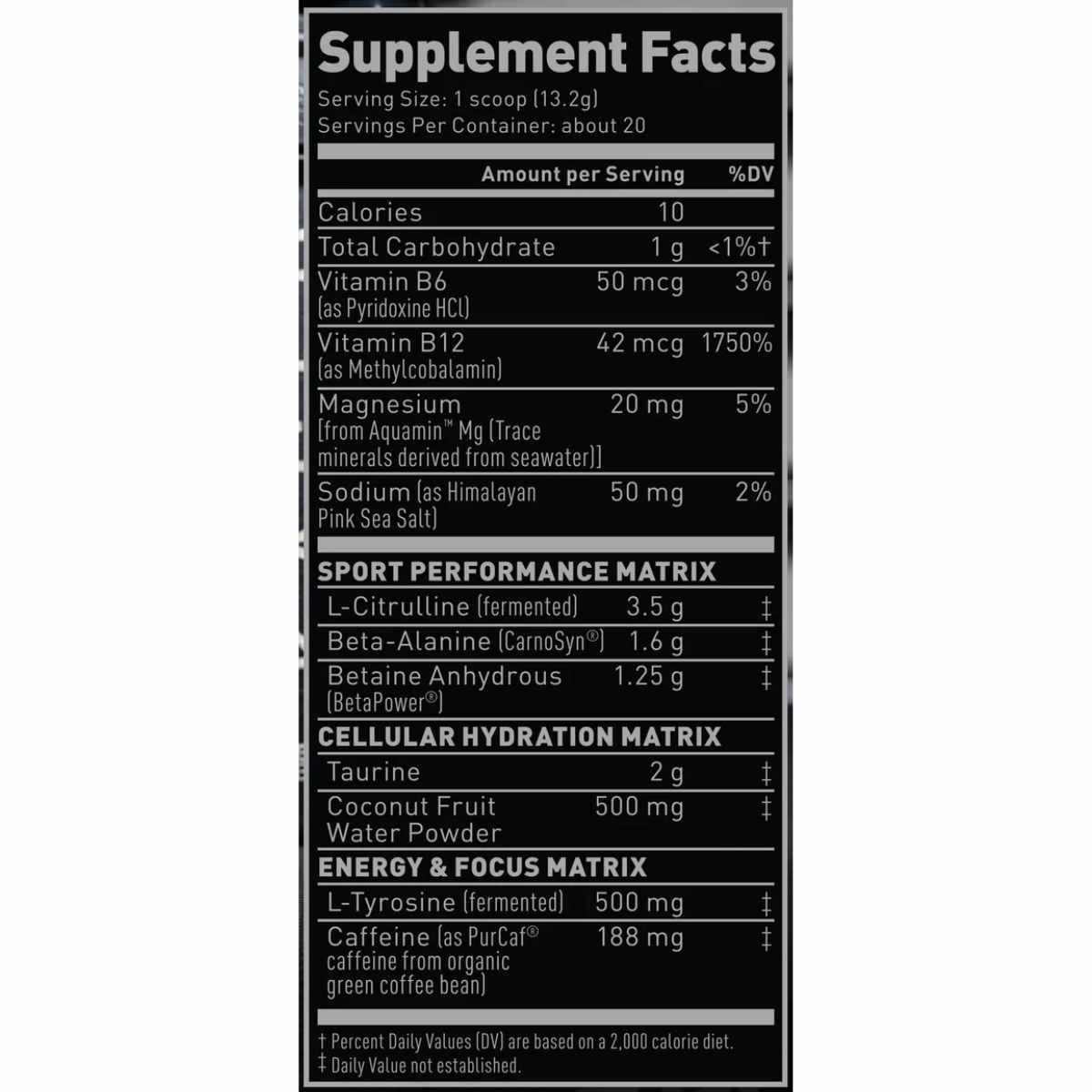 Kaged Pre-Entrenamiento - Sabor Uva glacial - 260 g - Tabla Nutricional - Haz Tu Pedido
