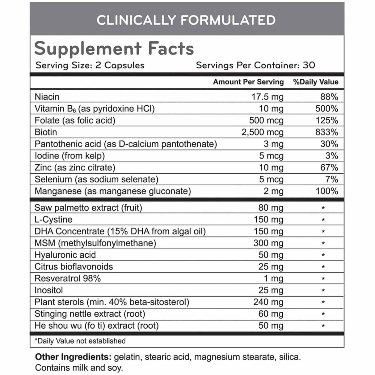 HairMax Suplemento dietético para el Cabello, la Piel y las Uñas 2500 mg - 60 Cápsulas - Tabla Nutricional - Haz Tu Pedido