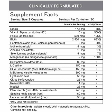 HairMax Suplemento dietético para el Cabello, la Piel y las Uñas 2500 mg - 60 Cápsulas - Tabla Nutricional - Haz Tu Pedido