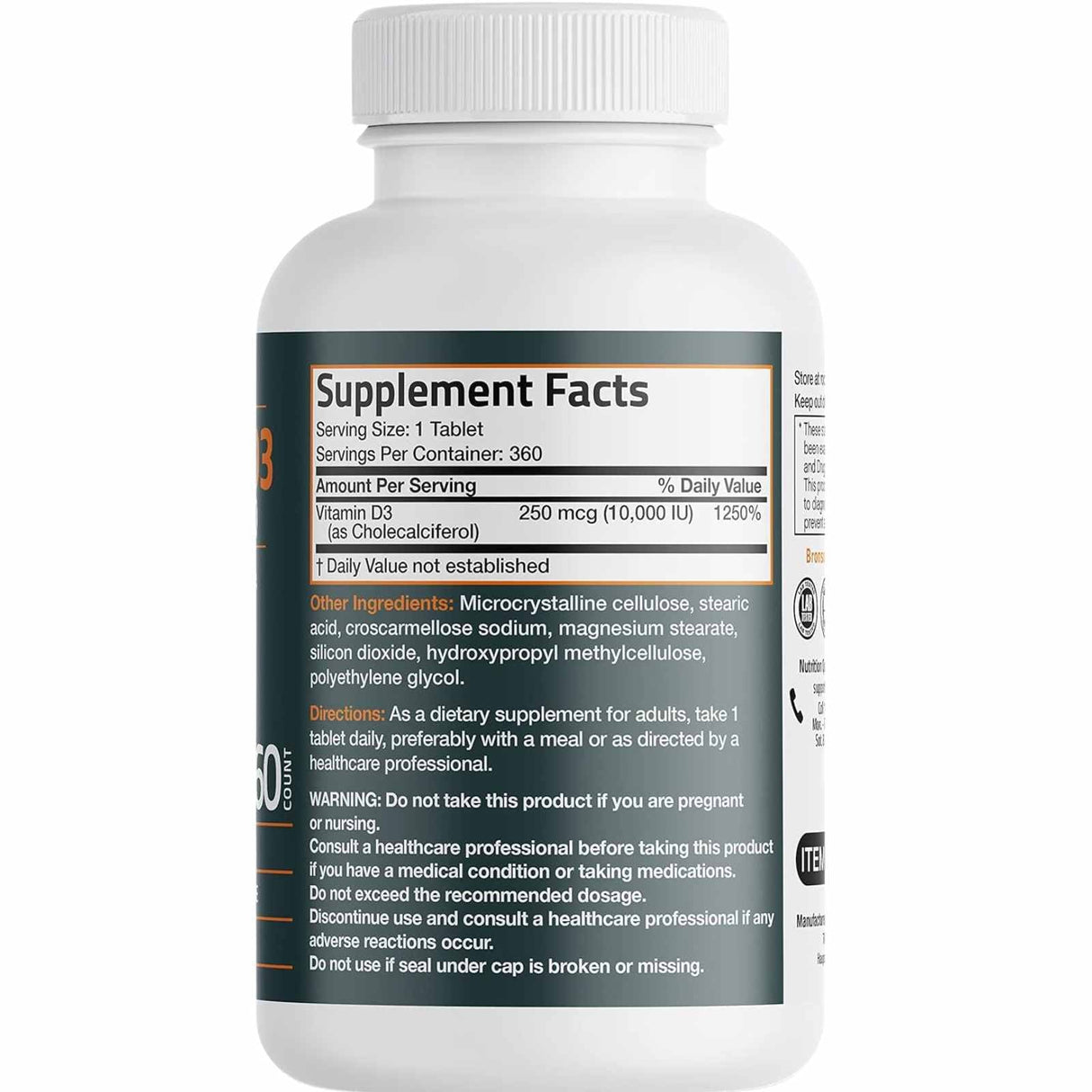 Bronson Vitamina D3 10000 IU - 360 Tabletas - Tabla Nutricional - Haz Tu Pedido