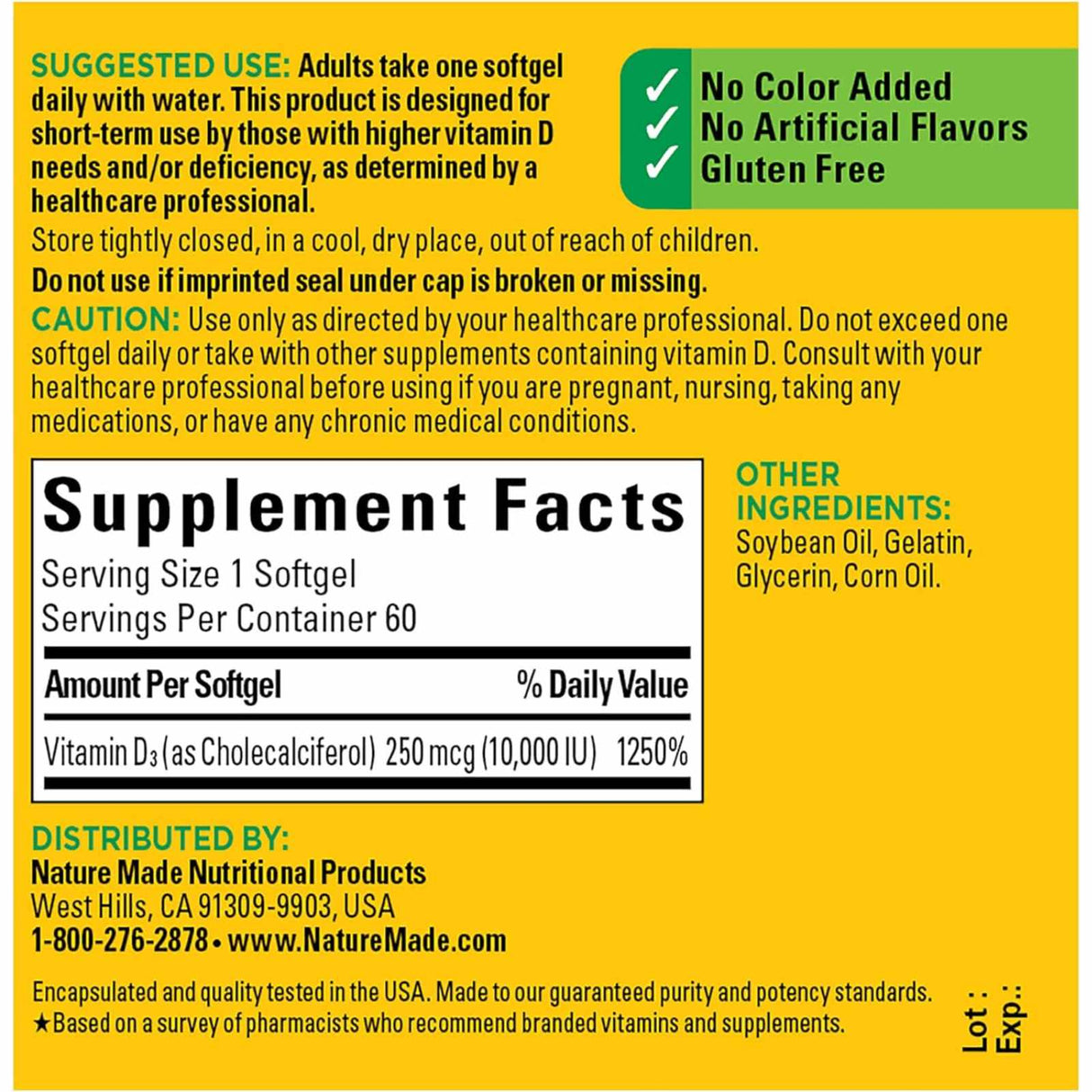 Nature Made Vitamina D3 10000 IU - 60 Cápsulas Blandas - Tabla Nutricional - Haz Tu Pedido