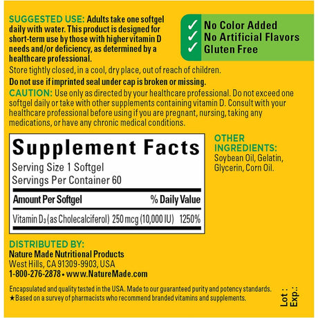 Nature Made Vitamina D3 10000 IU - 60 Cápsulas Blandas - Tabla Nutricional - Haz Tu Pedido