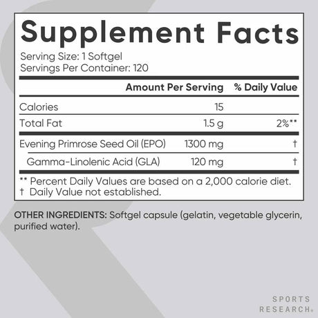 Sports Research Aceite de Onagra 1300 mg - 120 Cápsulas Blandas - 120 Porciones - Tabla Nutricional Haz Tu Pedido