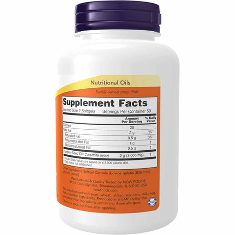 NOW Foods Aceite de Semilla de Calabaza 1000 mg - 200 Cápsulas Blandas - Tabla Nutricional - Haz Tu Pedido