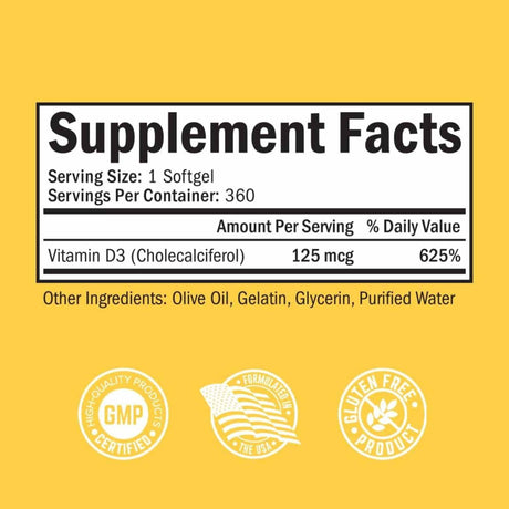 BioSchwartz Vitamina D3 5000 IU - 360 Cápsulas Blandas - Tabla Nutricional - Haz Tu Pedido