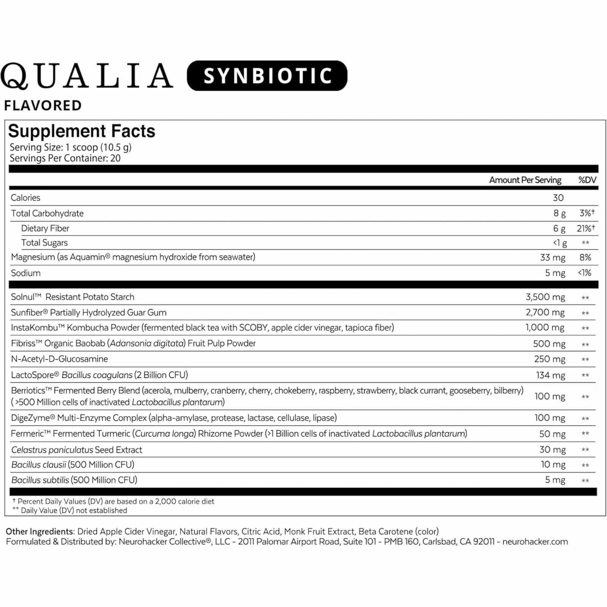 Neurohacker Collective Qualia simbiótico Prebiótico + Probiótico + Fibra - Sabor Tropical - 210 g - Tabla Nutricional - Haz Tu Pedido