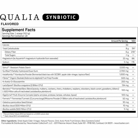 Neurohacker Collective Qualia simbiótico Prebiótico + Probiótico + Fibra - Sabor Tropical - 210 g - Tabla Nutricional - Haz Tu Pedido