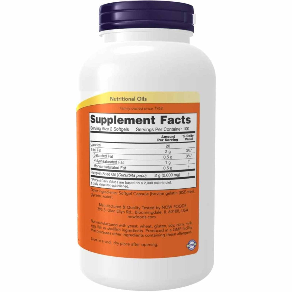 NOW Foods Aceite de Semilla de Calabaza 1000 mg - Sabor Miel y Almendras - 100 Cápsulas Blandas - Tabla Nutricional - Haz Tu Pedido