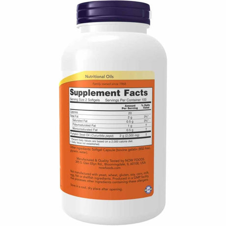 NOW Foods Aceite de Semilla de Calabaza 1000 mg - Sabor Miel y Almendras - 100 Cápsulas Blandas - Tabla Nutricional - Haz Tu Pedido