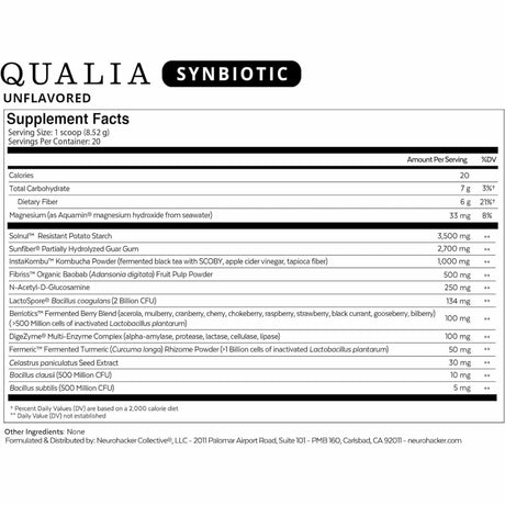 Neurohacker Collective Qualia Simbiótico Prebiótico + Probiótico + Fibra - 210 g - Tabla Nutricional - Haz Tu Pedido