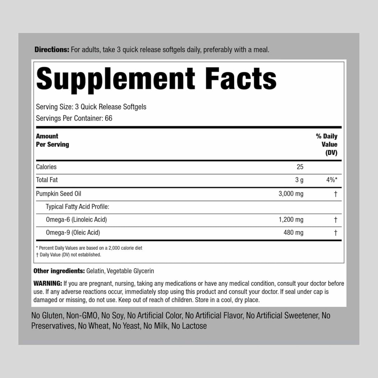 Piping Rock Aceite de Semilla de Calabaza 3000 mg - 200 Cápsulas Blandas - Tabla Nutricional - Haz Tu Pedido