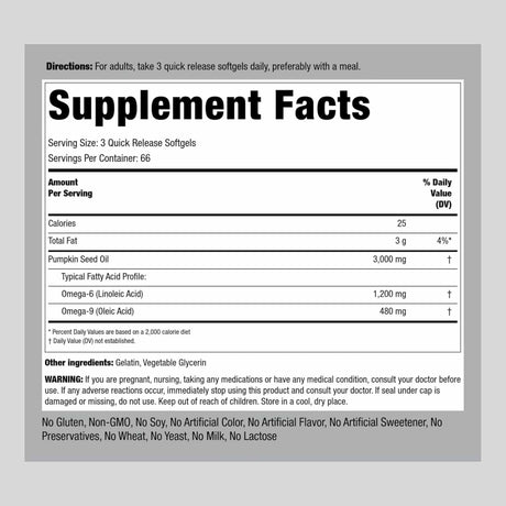 Piping Rock Aceite de Semilla de Calabaza 3000 mg - 200 Cápsulas Blandas - Tabla Nutricional - Haz Tu Pedido