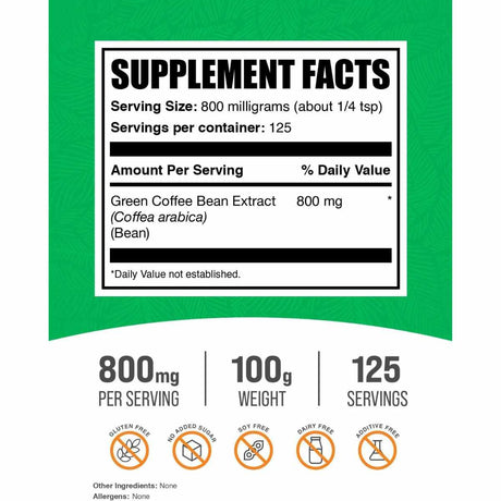 BulkSupplements.com Extracto de Grano de Café Verde  800 mg - 100 g - Tabla Nutricional - Haz Tu Pedido
