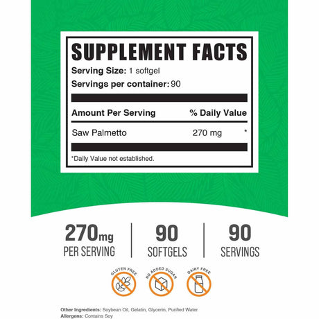 BulkSupplements.com Saw Palmetto 270 mg - 90 Cápsulas Blandas - Tabla Nutricional - Haz Tu Pedido
