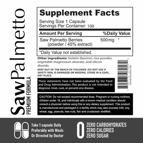  Saw Palmetto 500 mg - 100 Cápsulas - Tabla Nutricional - Haz Tu Pedido