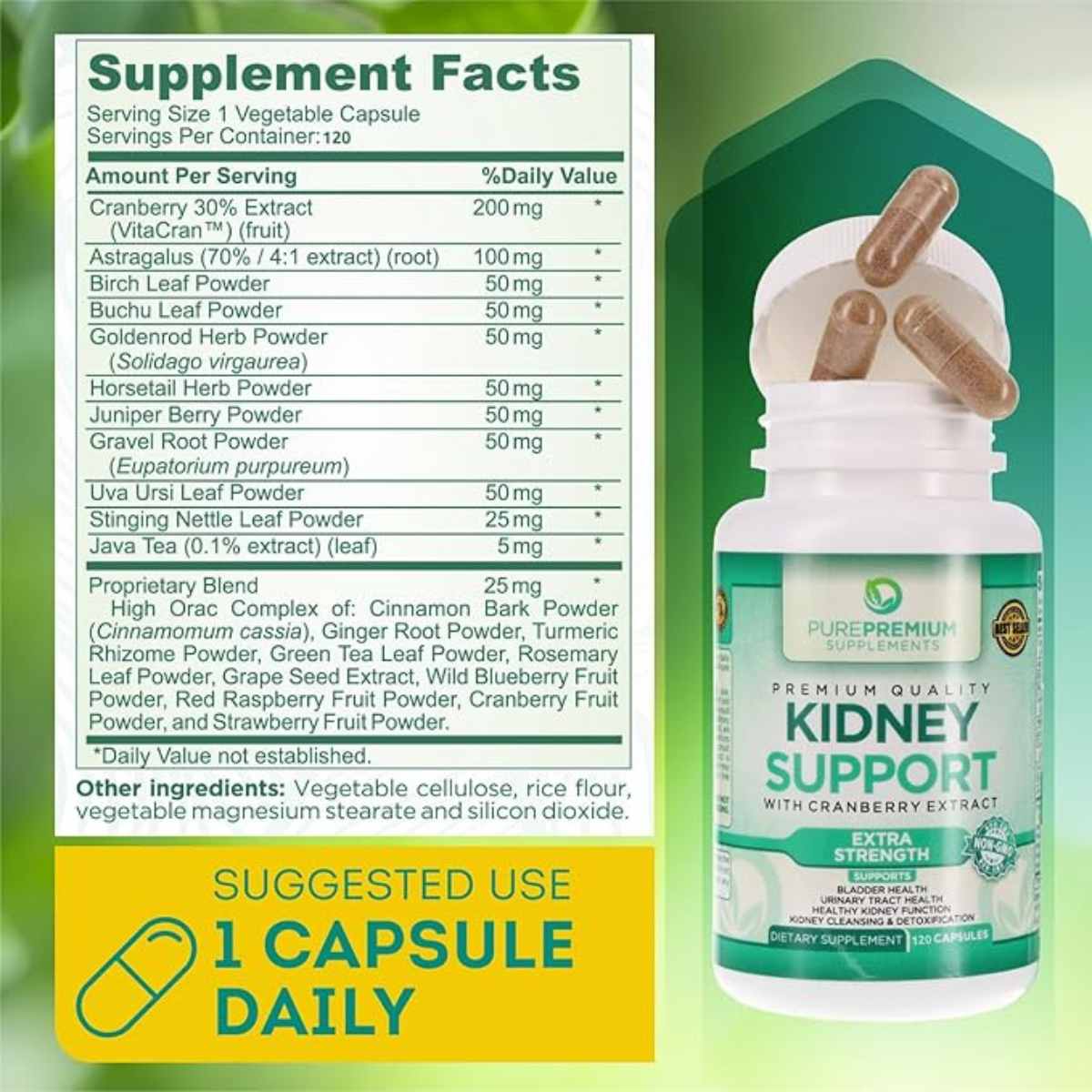 PurePremium Supplements Suplemento de Apoyo Renal  - 120 Cápsulas - Tabla Nutricional - Haz Tu Pedido