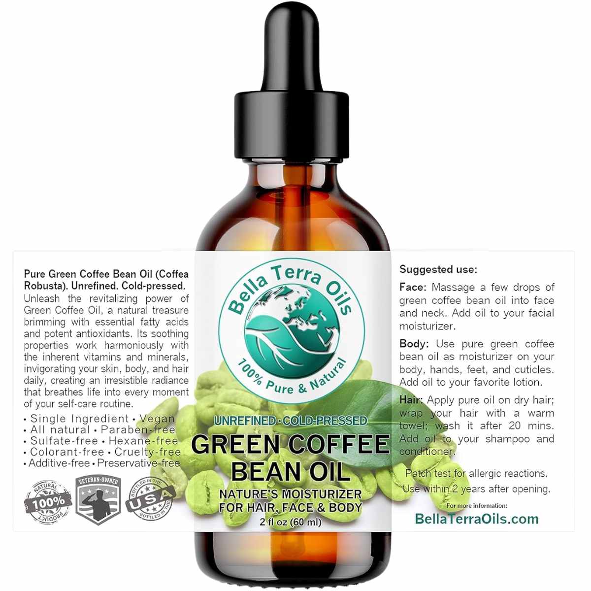 Bella Terra Oils Aceite Grano de Café Verde para Aplicar  - 60 ml - Tabla Nutricional - Haz Tu Pedido
