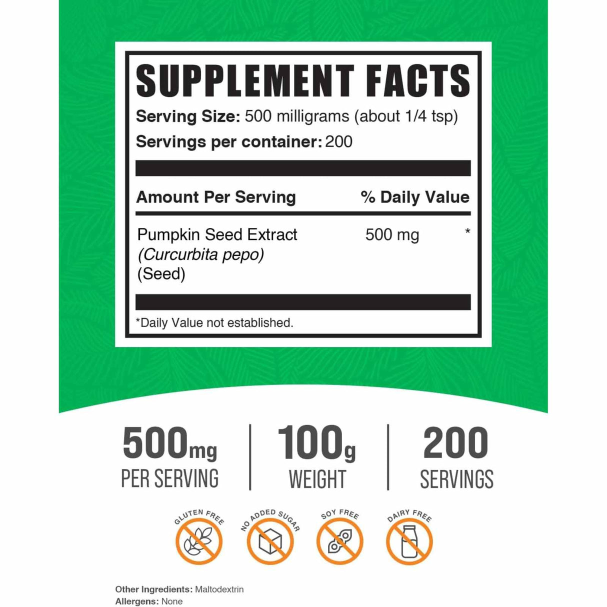 BulkSupplements.com Extracto de Semilla de Calabaza 500 mg - 100 g - Tabla Nutricional - Haz Tu Pedido