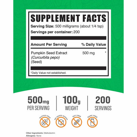 BulkSupplements.com Extracto de Semilla de Calabaza 500 mg - 100 g - Tabla Nutricional - Haz Tu Pedido