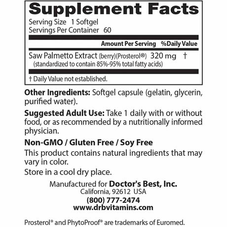 Doctor’s Best Saw Palmetto con Prosterol 320 mg - 60 Cápsulas Blandas - Tabla Nutricional - Haz Tu Pedido