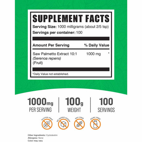 BulkSupplements.com Saw Palmetto 1000 mg - 100 g - Tabla Nutricional - Haz Tu Pedido