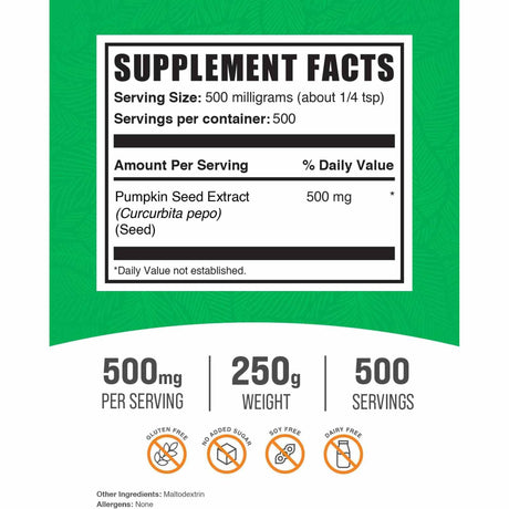 BulkSupplements.com Extracto de Semilla de Calabaza  500 mg - 250 g - Tabla Nutricional - Haz Tu Pedido