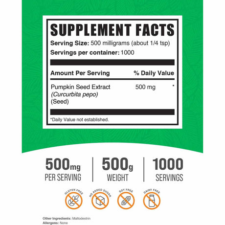 BulkSupplements.com Extracto de Semilla de Calabaza 500 mg - 500 g - Tabla Nutricional - Haz Tu Pedido