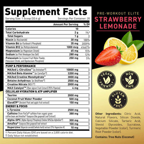 Kaged Pre-Entrenamiento Elite - Sabor Limonada de fresa - 668 g - Tabla Nutricional - Haz Tu Pedido
