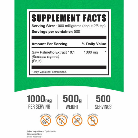 BulkSupplements.com Saw Palmetto 1000 mg - 500 g - Tabla Nutricional - Haz Tu Pedido