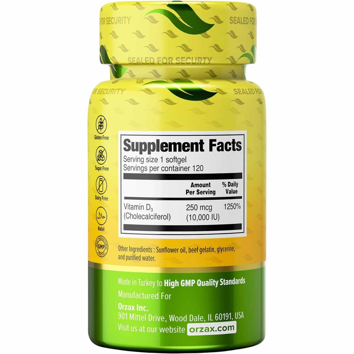 Orzax Vitamina D3 10000 IU - 120 Cápsulas Blandas - Tabla Nutricional - Haz Tu Pedido