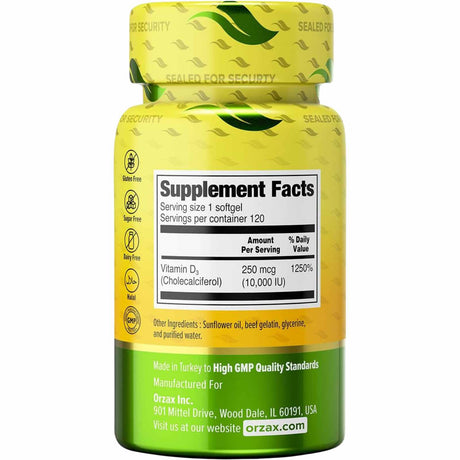 Orzax Vitamina D3 10000 IU - 120 Cápsulas Blandas - Tabla Nutricional - Haz Tu Pedido