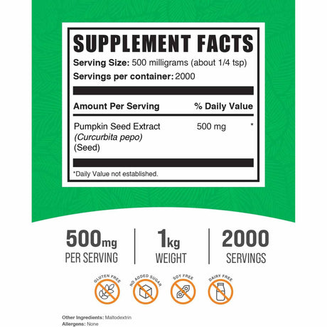 BulkSupplements.com Extracto de Semilla de Calabaza 500 mg - 1000 lb - Tabla Nutricional - Haz Tu Pedido