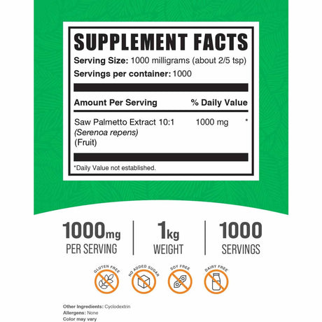 BulkSupplements.com Saw Palmetto 1000 mg - 1000 g - Tabla Nutricional - Haz Tu Pedido