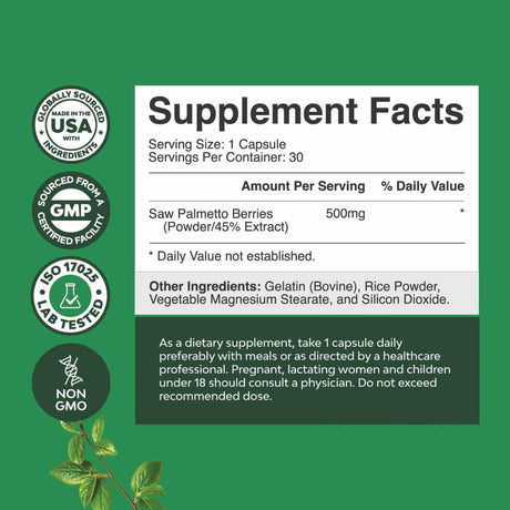  Saw Palmetto 500 mg - 30 Cápsulas - Tabla Nutricional - Haz Tu Pedido