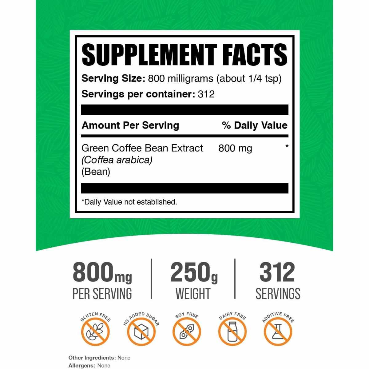  Extracto de Grano de Café Verde  800 mg - 250 g - Tabla Nutricional - Haz Tu Pedido
