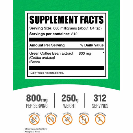  Extracto de Grano de Café Verde  800 mg - 250 g - Tabla Nutricional - Haz Tu Pedido
