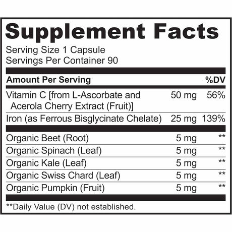 Naturelo  Hierro con Vitamina C - 90 Cápsulas Vegetarianas - Tabla Nutricional - Haz Tu Pedido