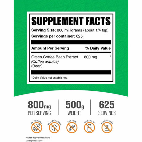 BulkSupplements.com Extracto de Grano de Café Verde  800 mg - 500 g - Tabla Nutricional - Haz Tu Pedido

