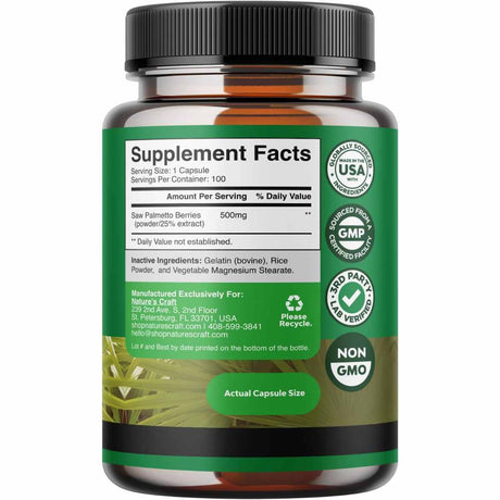 Natures Craft Saw Palmetto 500 mg - 100 Cápsulas - Tabla Nutricional - Haz Tu Pedido