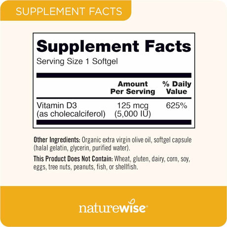 NatureWise Vitamina D3 5000 IU - 90 Cápsulas Blandas - Tabla Nutricional - Haz Tu Pedido