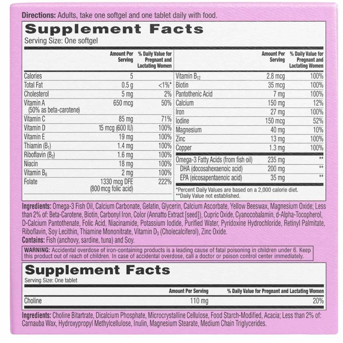One A Day Dúo Multivitamínico Completo Prenatal - 120 Cápsulas Blandas / Tabletas - Tabla Nutricional - Haz Tu Pedido
